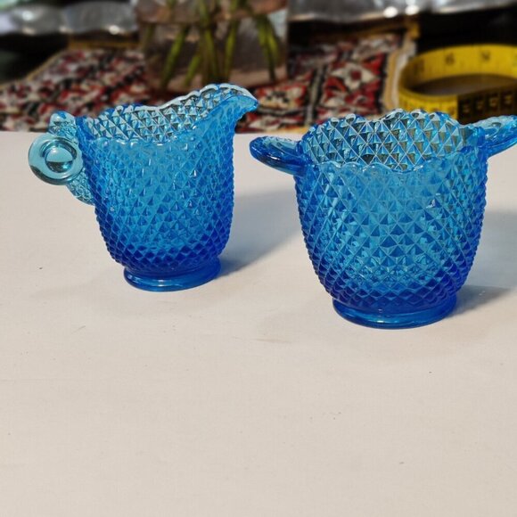 Imperial Glass Hobnail Depression cream and sugar in deep blue. Small sized - Picture 7 of 7